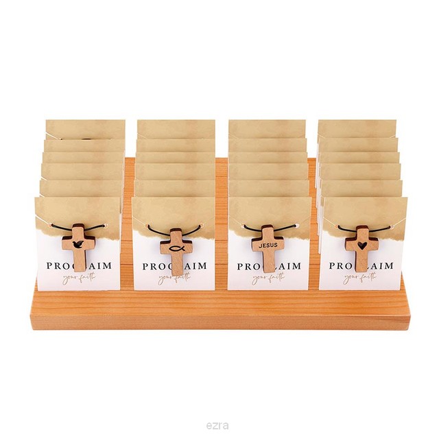 Display (24) wooden cross necklaces