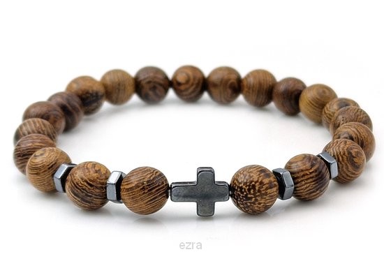 Wood bracelet brown with hematite cross