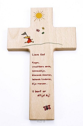 Kruis hout 20cm kind lieve God regen