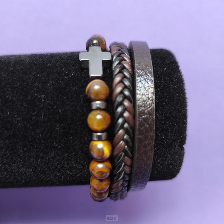 Armband leer/kralen kruisje bruin 19cm