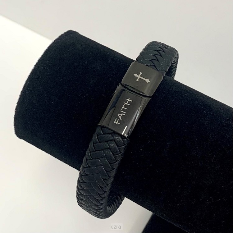 Leren armband faith zwart 21cm