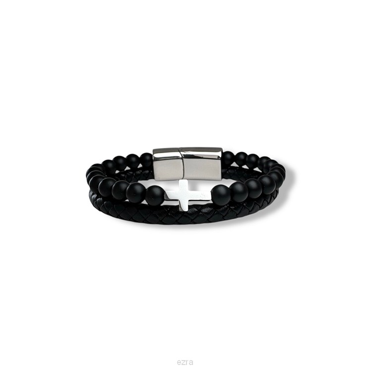 Leren armband kruisje/kralen XS - 17,5cm
