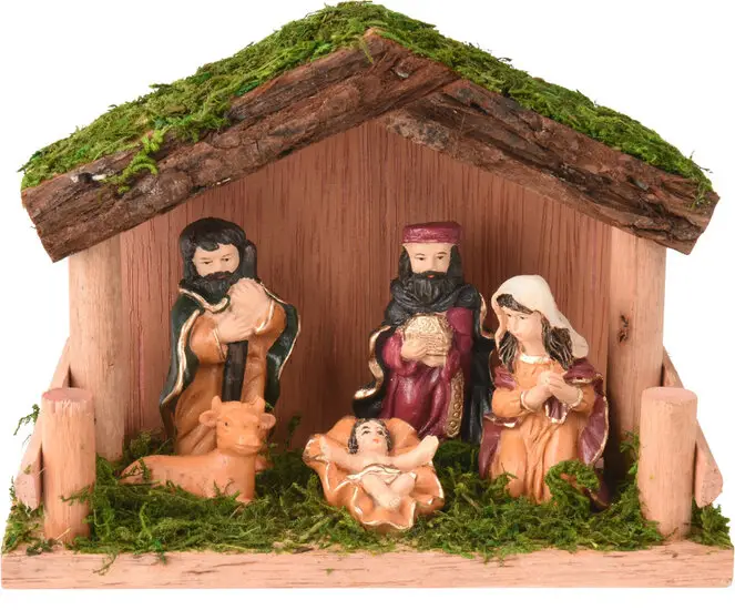 Nativity figurines in wooden house 15x6x