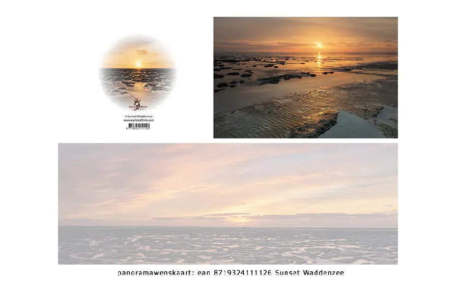Panoramawenskaart zt sunset waddenzee